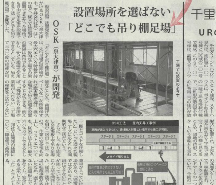 建設新聞に「どこでも吊り棚足場」が掲載されました。